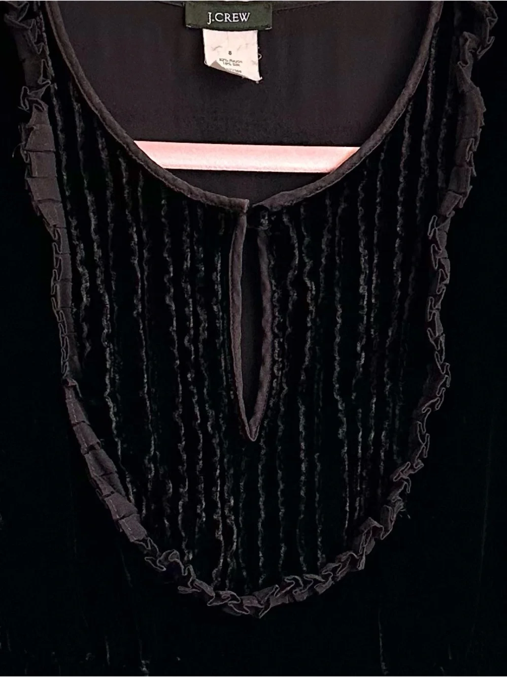 J. Crew Luxe Black Velvet Silk Ruffle Front Sleeveless Shell Top Women’s 8 EUC